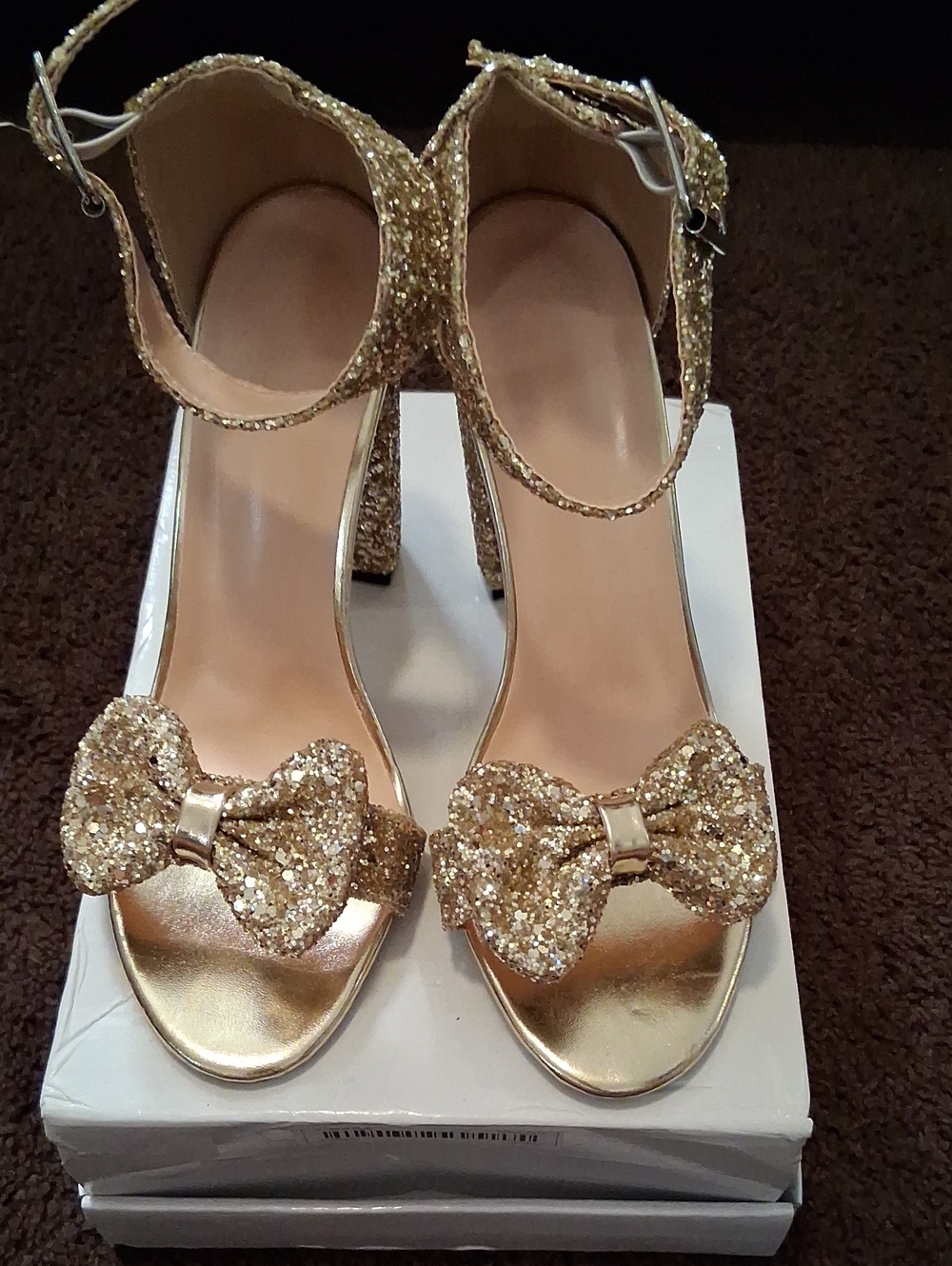 Women's Glitter Bow Ankle-Strap Heels in Gold